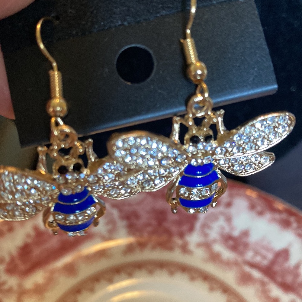Gold Bee Drop Earrings with Blue Enamel and Crystal Accents